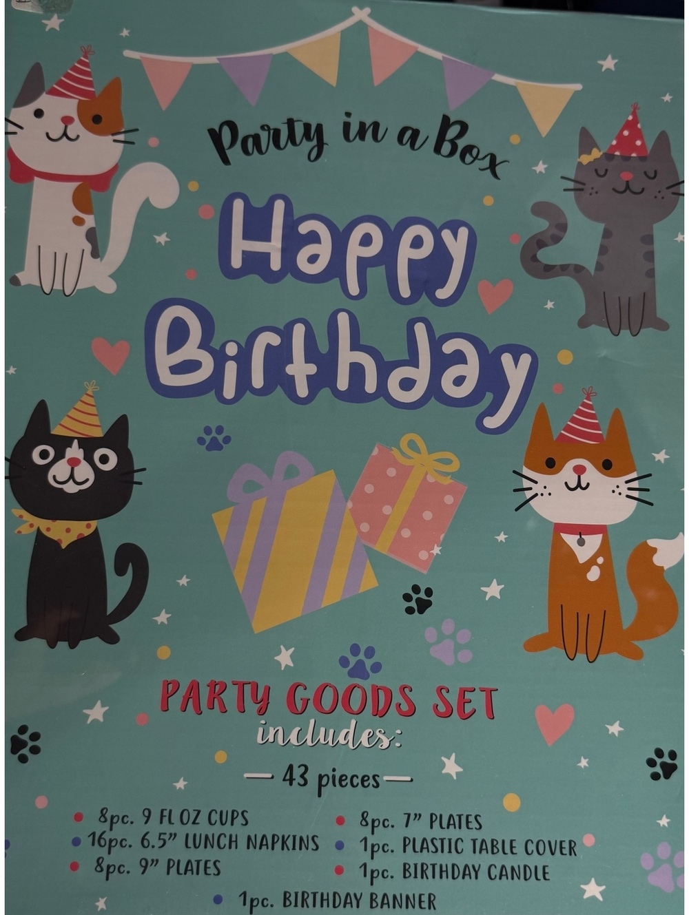 Happy Birthday Party in a Box 43 Piece Cat Themed Party Supplies Set with Cups